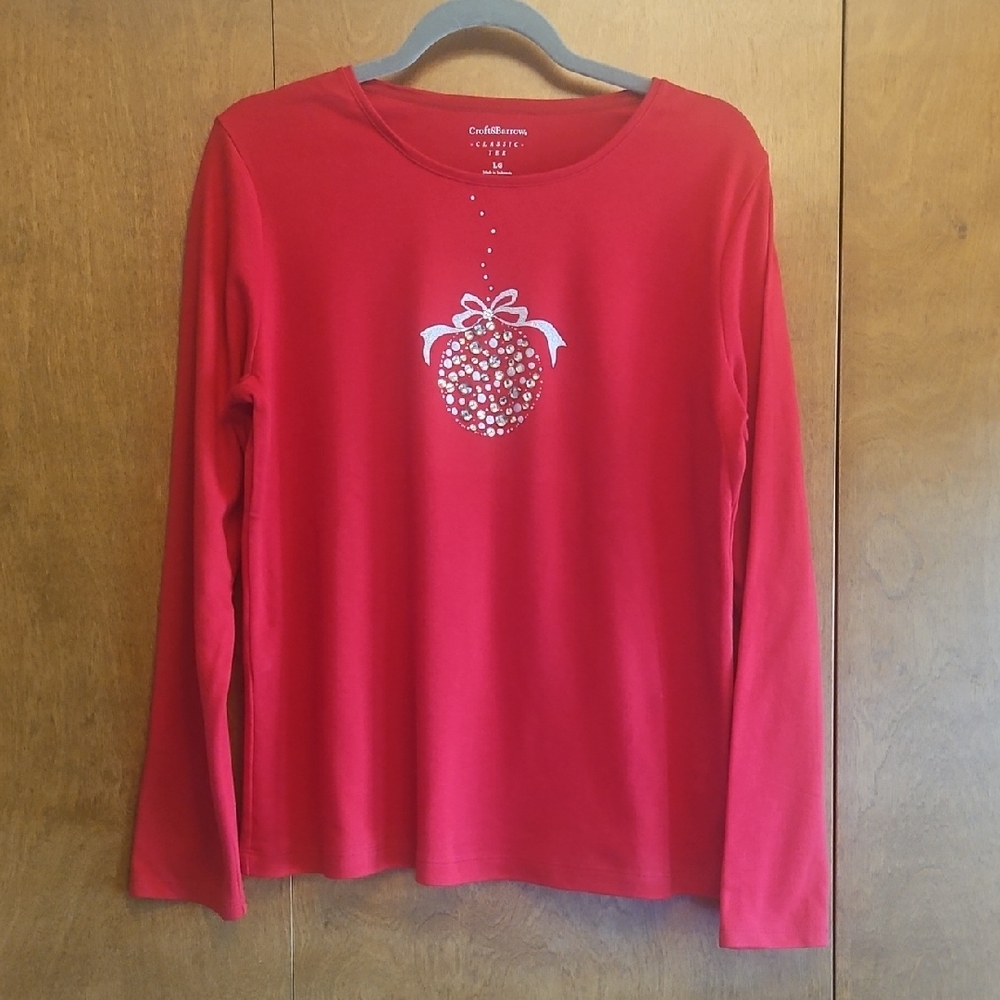 Coldwater Creek Red Long Sleeve Top with Heart Motif